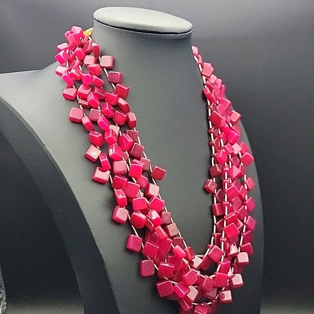 4 Strand 874.00 Cts Red Ruby Square Cube Necklace Natural Gemstone UV Statement